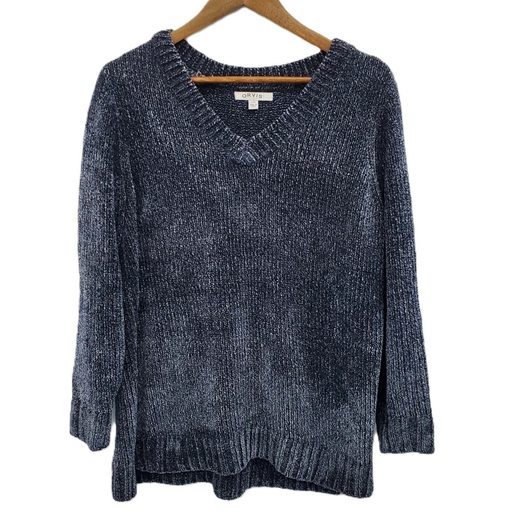 Womens L Chenille Knit Sweater Navy Blue V-Neck Pullover Textured Soft Cozy Look
